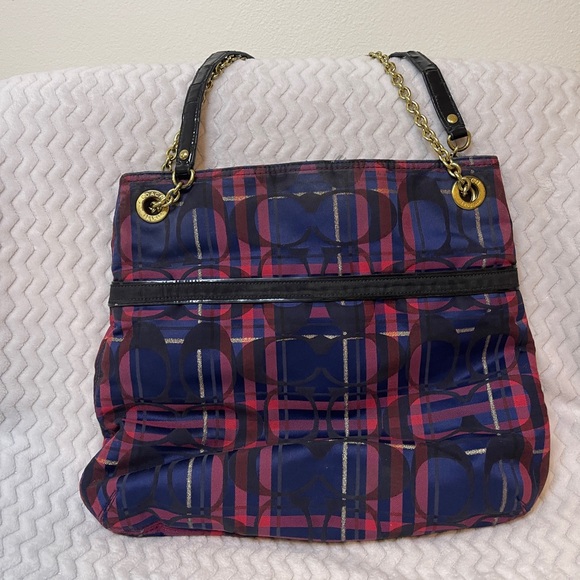 Coach Poppy Lurex Tartan Chain Slim Tote - Picture 2 of 12